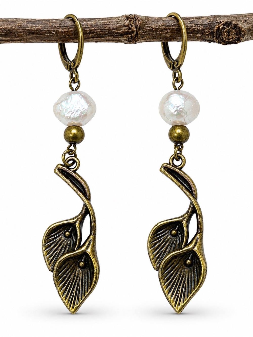 Freshwater Pearl Floral Earrings Antique Bronze Calla Lily Dangles